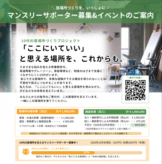 【2026年度目標に挑戦中｜達成率57％】10代の居場所をともに支える「マンスリーサポーター」募集中！
